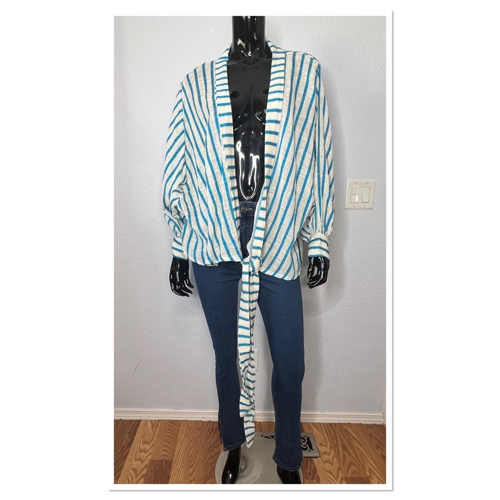Free People Bow And Arrow Tie Front Kimono Sz OS Cotton Blend Teal White NWOT
